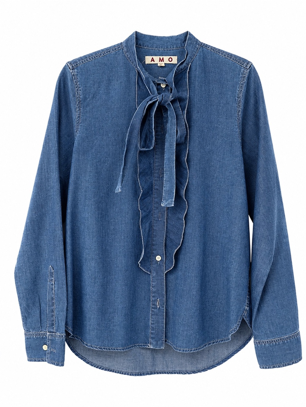 AMO Chambray Ruffle Tie Neck Blouse Size Small